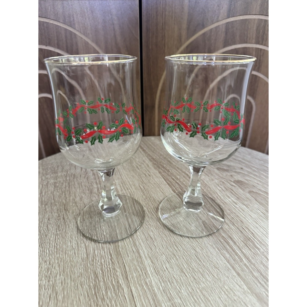 2 Libbey Christmas Wine Glass Water Goblets Holly Berry Ribbon Pattern Gold Rim